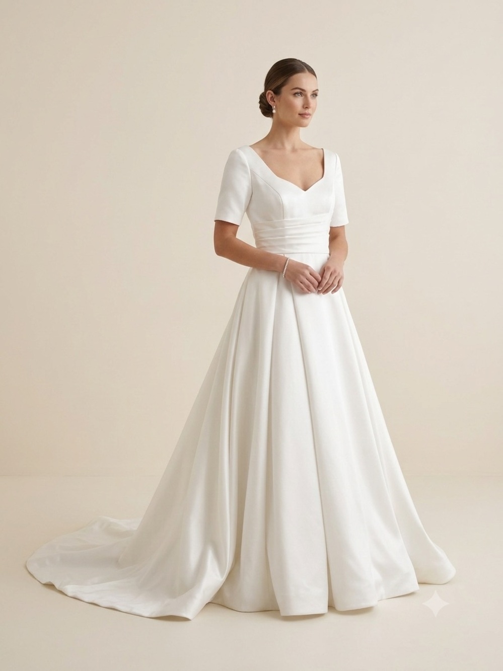 Elegant Light Ivory Satin A-Line Short Sleeve Bridal Gown